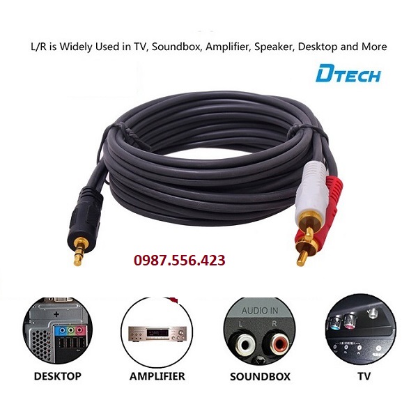 Dây loa Jack 3.5mm, Cáp Audio Jack 3.5mm 10m Dtech  DT-6214